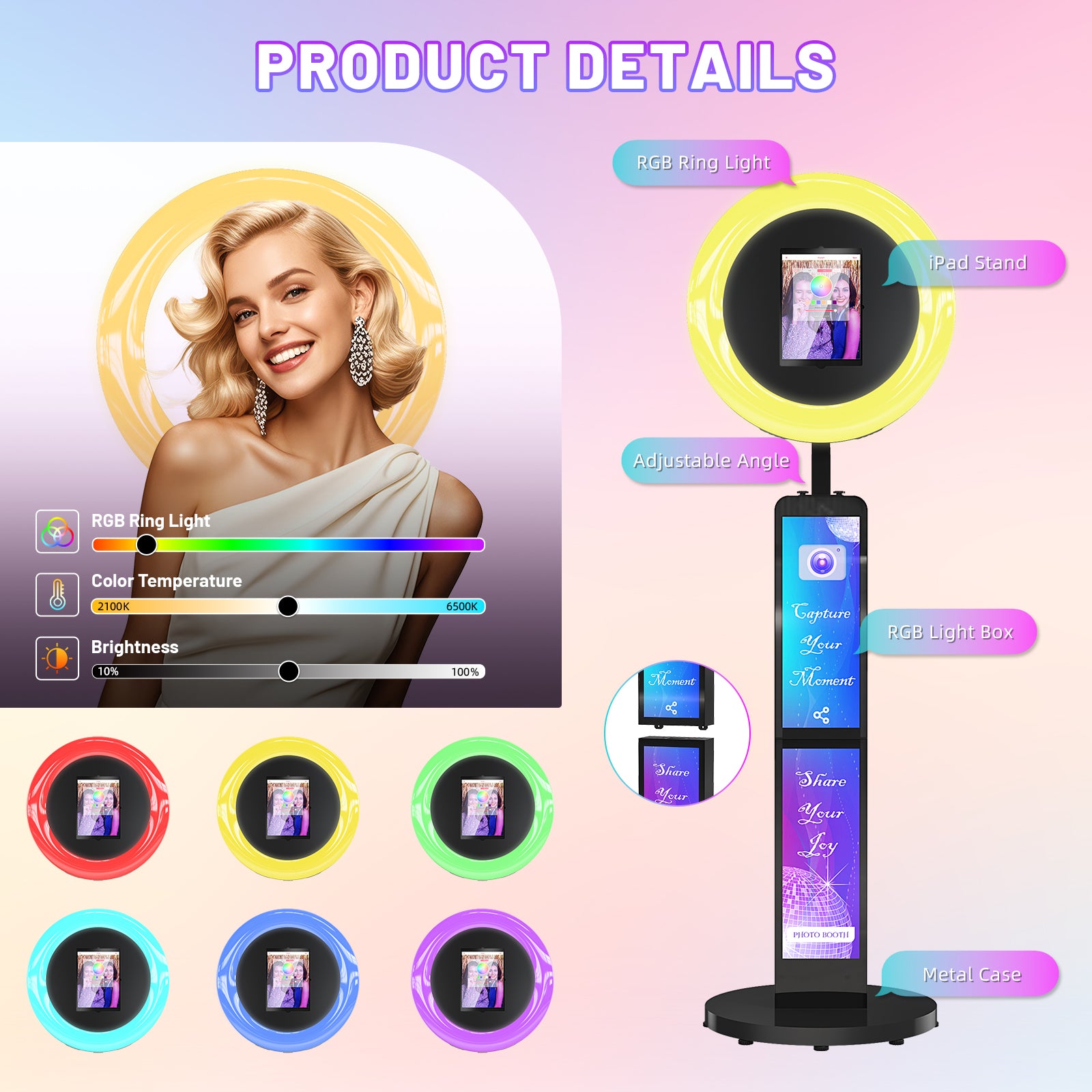 Portable iPad Photo Booth with Screen & Ring Light – Stylish Selfie Booth Enclosure for Weddings, Parties & Events