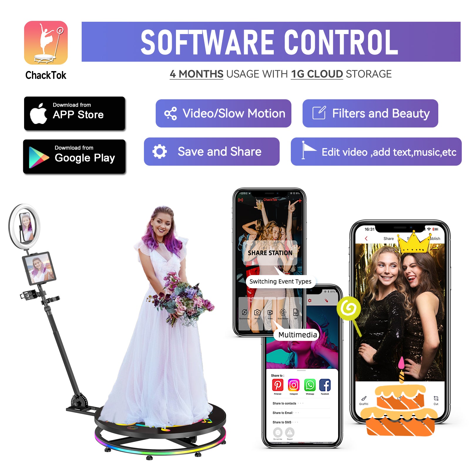 100CM 360 Photo Booth Machine for Sale – Heavy Duty 4–6 Person Rotating Video Booth Platform for Weddings, Parties & Event Rental Business